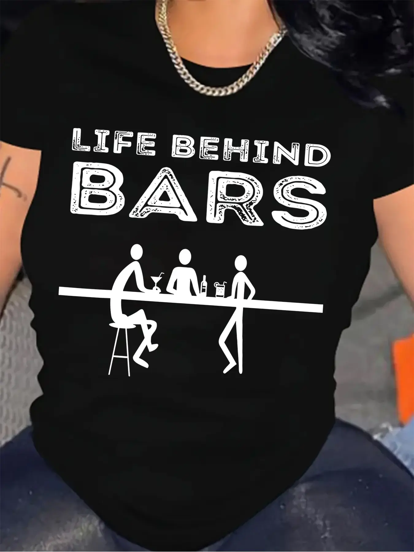 Women's Funny Life Behind Bars Bartender Graphic T-Shirt - Soft Crew Neck Casual Tee with Chalkboard-Style Print, Loose Fit Tunic Top for SpringSummer (Sizes 0XL-4XL), Humorous Clothing.