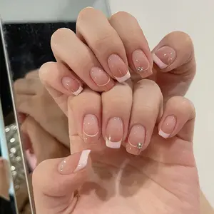 White French Tip Press on Nails | Rhinestone Design | Pre-glued False Nails