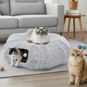Cat Tunnel Bed for Indoor Cats, Soft Plush Peekaboo Hideaway Cave with Circle Cushion, Washable Multifunctional Playground Cat Donut Tunnel for Kittens, Rabbit, Ferret