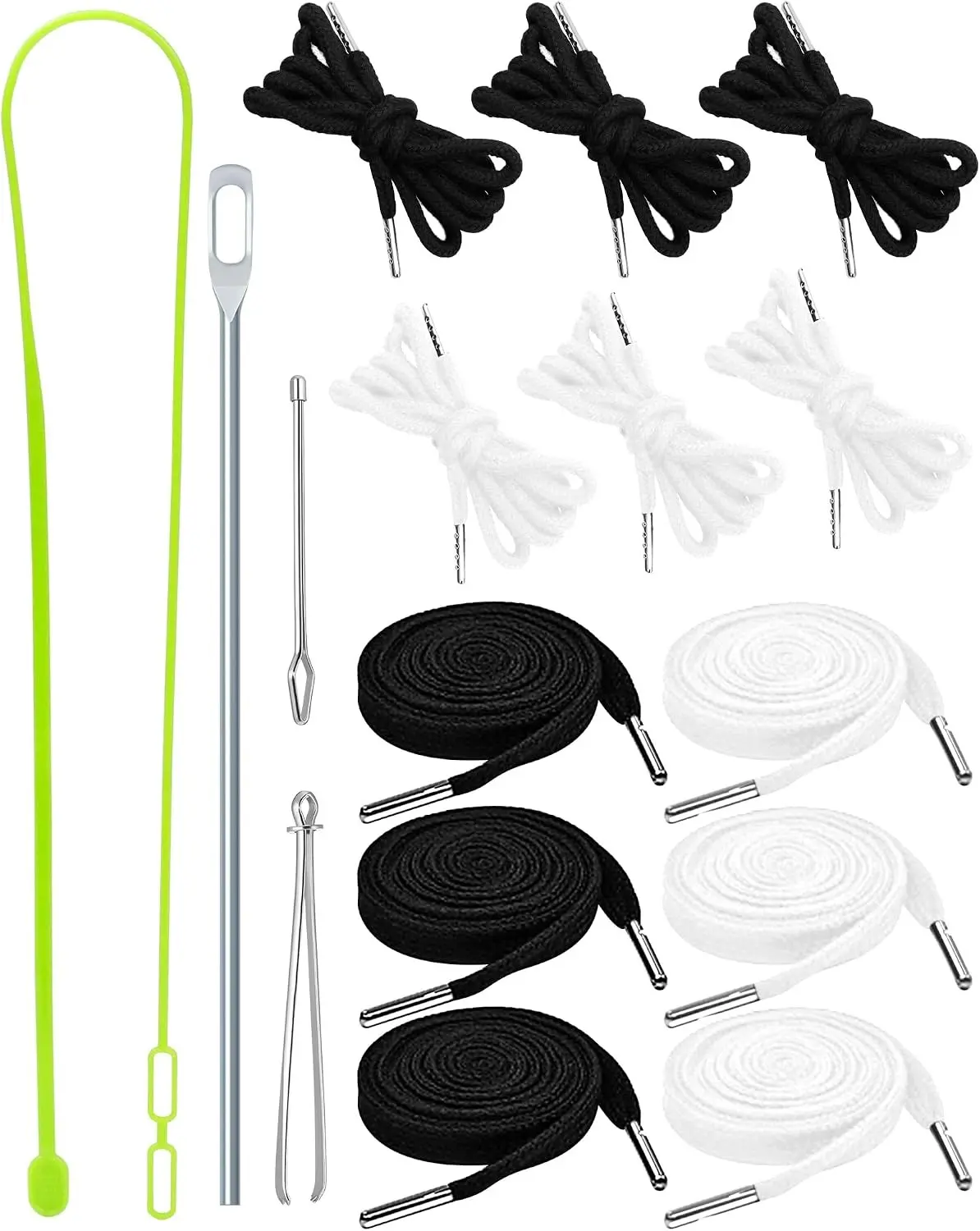 16pcs Drawstring Cord Kit-12pcs Hoodie Strings (Flat & Round,Black & White) with Drawstring Threader Tools,Bodkin,Rope Threader–Draw String Replacement for Pants,Shorts,Shoes,Sweatpants,Bag
