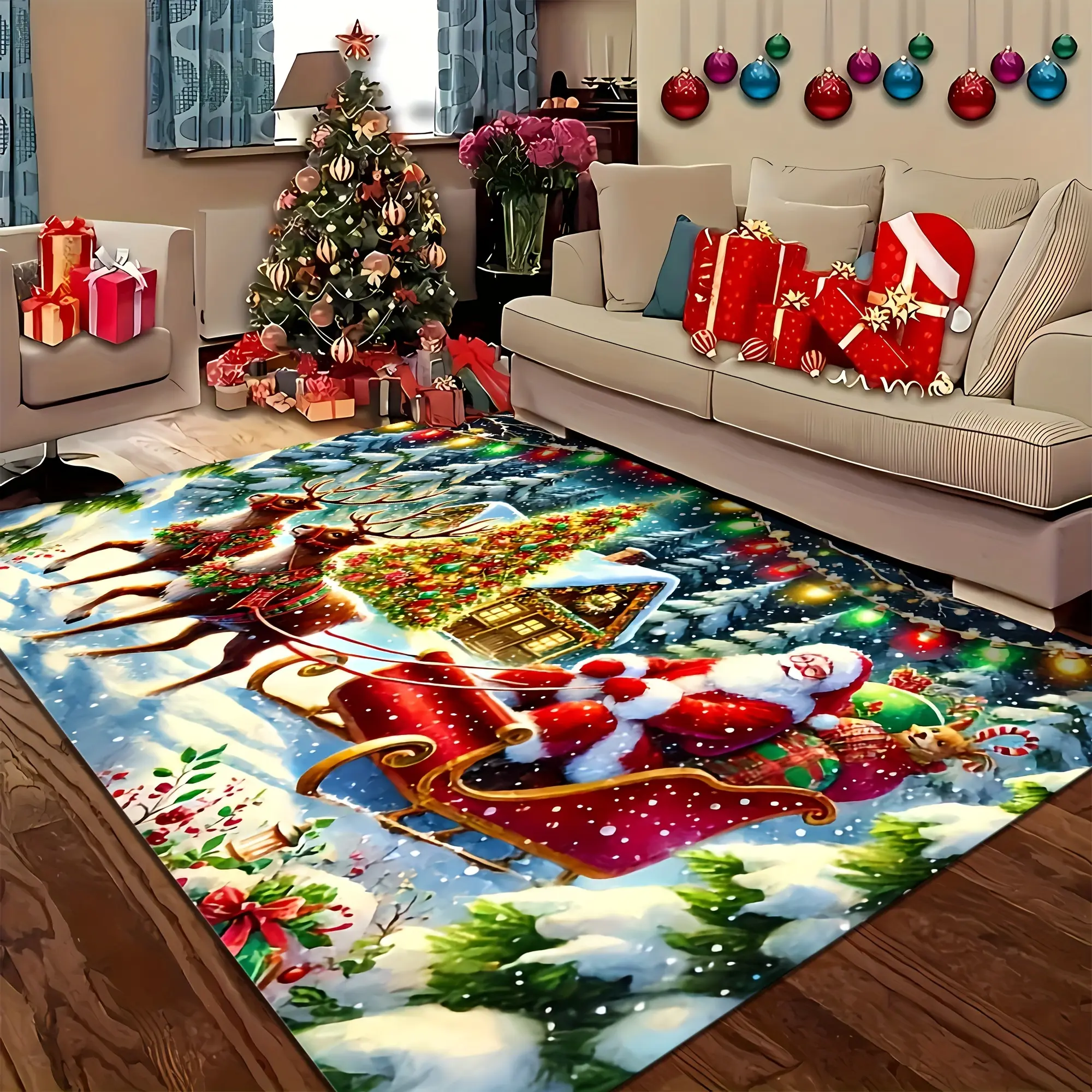 Festive Santa Sleigh Christmas Area Mat Washable with Vibrant Holiday Design Ideal for Living Room Bedroom Entryway and More Perfect for Indoor Christmas Decor Christmas Decorations