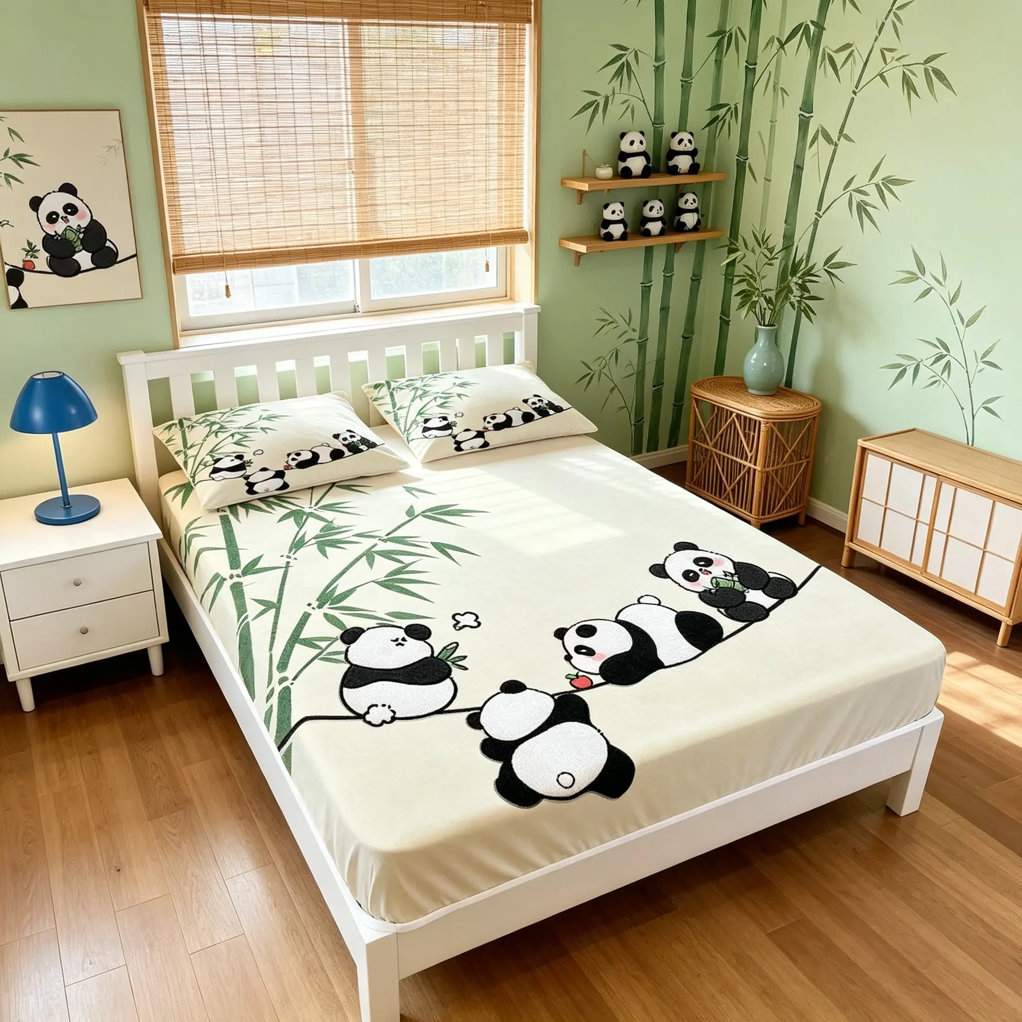 Panda Bamboo Fitted Sheet 3-Piece Set (1 Fitted Sheet + 2 Pillowcases), Cartoon Style Deep Pocket Fitted Sheet, Soft Breathable Microfiber Bedding, Bed Sheets, Bed Linens, for Teens’ Bedroom Decor, Ideal Birthday & Holiday Gifts
