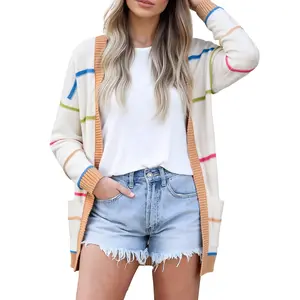 Asvivid Women's Color Block Striped Open Front Cardigan With Pocket Knitwear for Fall Winter Season Casual Cardigans Sweaters Chic Outfit Jeans Soft Piece Fabric Style Womenswear