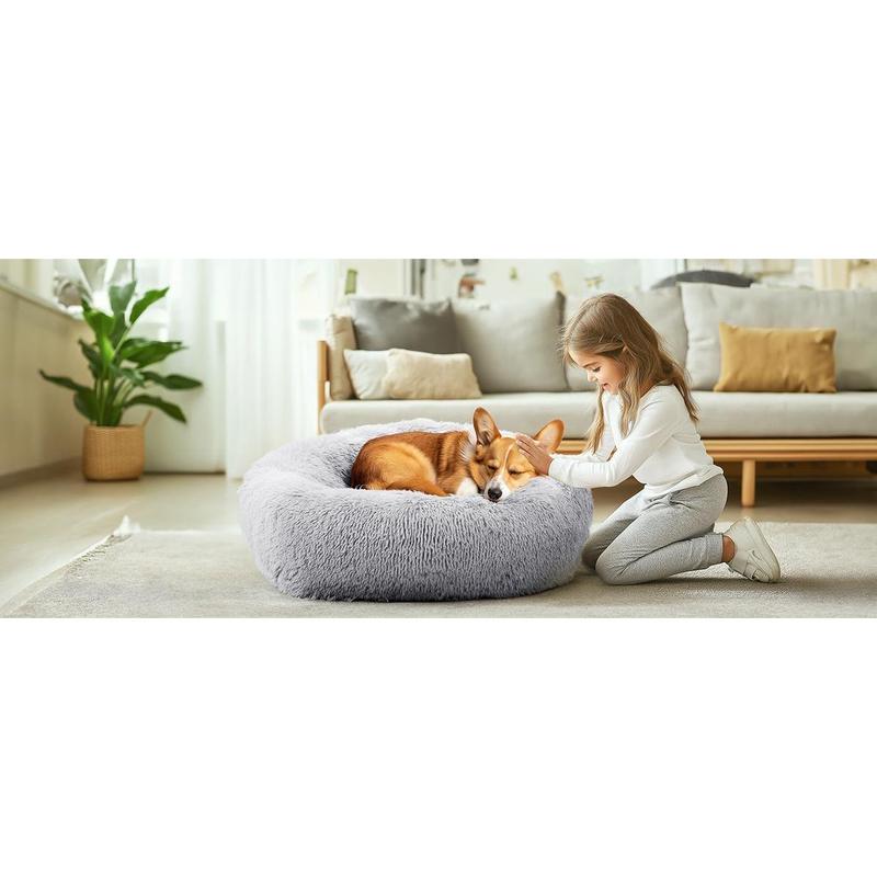 Calming Donut Cat & Dog Bed for Small Dogs, Faux Fur Plush Round Dog Bed, Anti-Anxiety Waterproof Anti-Slip, Brown, 20*20*8 Inches