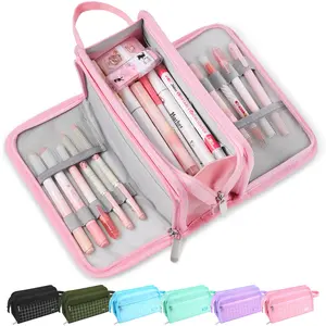 Large Pencil Case, Big Capacity Pencil Pouch Pen Bag with 3 Compartment, Portable Canvas Stationery Organizer with Zipper, Cute Aesthetic School Supplies For Students, Pink