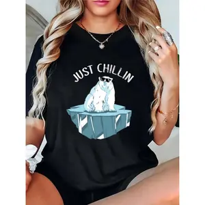 Women's Black 'Just Chillin' Polar Bear on Iceberg with Sunglasses Graphic T-Shirt - Casual Summer Beach Vacation Outfit for Ladies