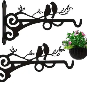 2-Pack Metal Plant Stands with Bird Silhouette, Wall Hooks for Hanging Baskets Lanterns Feeder, Indoor Outdoor Garden Decor, Includes Installation Screws