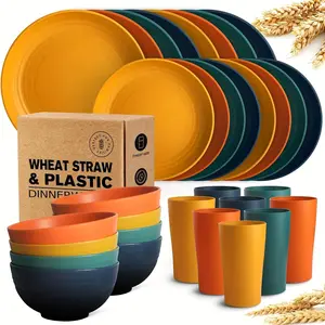 Teivio 32 Pieces Kitchen Plastic Wheat Straw Tableware Suit, Serving for 8 People, Dinner Plate, Dessert Plate, Oatmeal Bowl, CUP, Unbreakable Colored Plastic Outdoor Camping Dish, Autumn Multicolor Cutlery