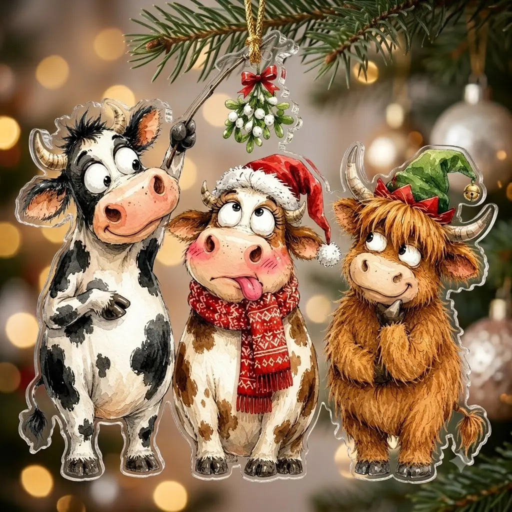 Funny Christmas Cow Acrylic Ornament, Cute Highland Cow Tree Ornament, Farm Animal Christmas Decor, Santa Hat Holiday Hanging Ornament, Rustic Xmas Tree Decoration, Cow Lover Gift, Funny Farmhouse Christmas Keepsake