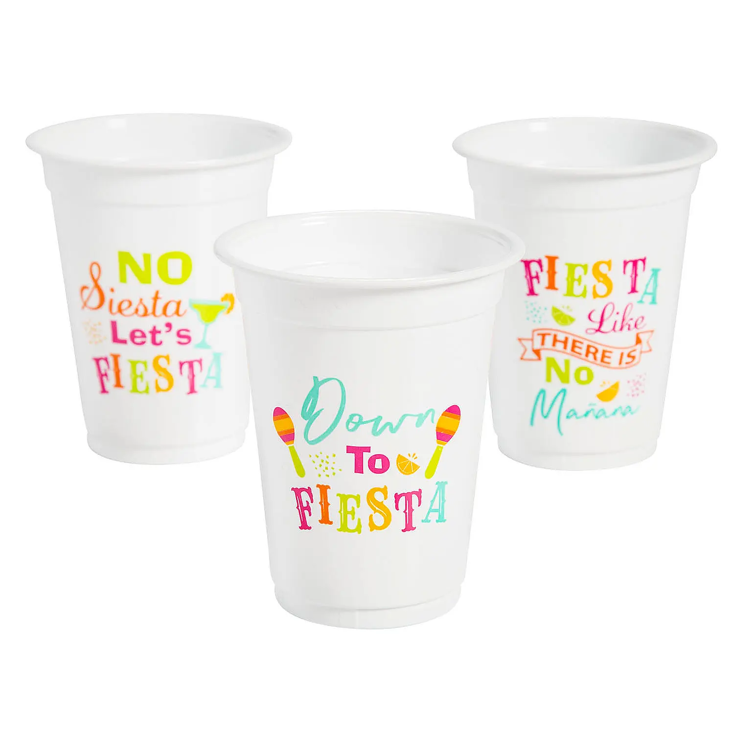 50-Pack 16oz Colorful Disposable Plastic Fiesta Cups with Fiesta Texts & Sayings, 3 3/4" x 4 1/2" Bulk Disposable Tableware for Party Supplies