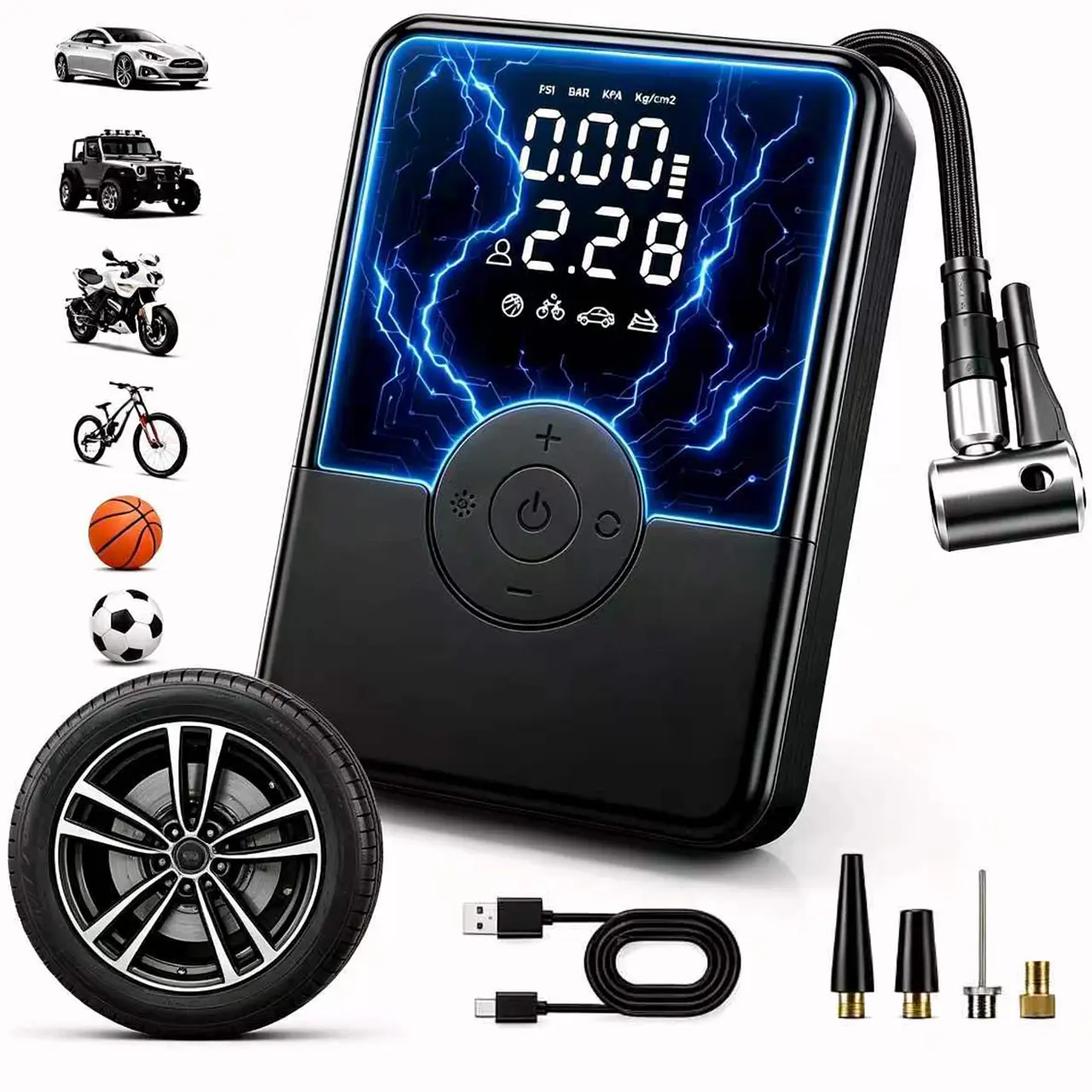 New Portable Tire Inflator 150 PSI, Cordless Air Compressor with Digital Pressure Gauge, Rechargeable Car Tire Pump with LED Light & Auto Shut-Off, for Cars, Bikes, Motorcycles & Sports Balls