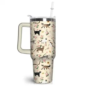 Cat Lover 40oz Vacuum Insulated Stainless Steel Tumbler with Handle & Straw Lid, Large Capacity Travel Coffee Mug, Cute Gift for Women & Girls