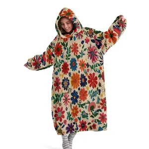Cozy hooded blanket, Hooded blanket, wearable blanket, vintage floral print hooded wearable blanket, digitally printed flannel blanket, soft and warm blanket suitable for sofa cover, home leisure, bed, office, camping, and travel, Valentine's Day gift