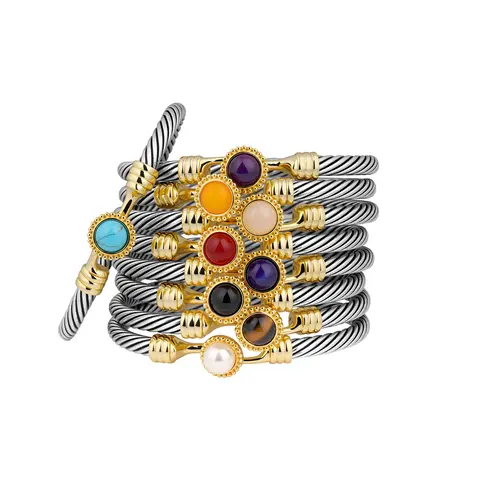 Aprilery Birthstone Positive Energy Healing Crystal Cuff Bracelet with Mixed Metal Aesthetic – Natural Gemstone Turquoise Bracelet Collection for Daily Wear & Birthday Gifting