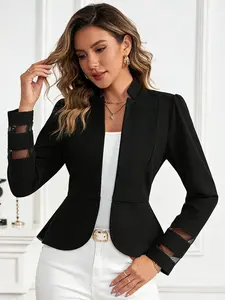 A women's black short blazer, Elegant, with a stand collar and waist-cinching mesh panels, it has a sophisticated workwear style, suitable for daily outings, dates