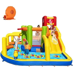 Inflatable Obstacle Bounce House, Kids Bounce House Water Park with Water Slides, Surprise Dump Bucket, Obstacles,Jumping, Tunnels, Climbing,Water Cannon, and Ball Shooting Frame