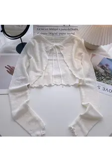 Summer Women Thin Sunscreen Cardigan Lace-up Knitwear Tops Female Korean Style Lantern Sleeve Long Sleeve Short Coat Casual Sun Protected