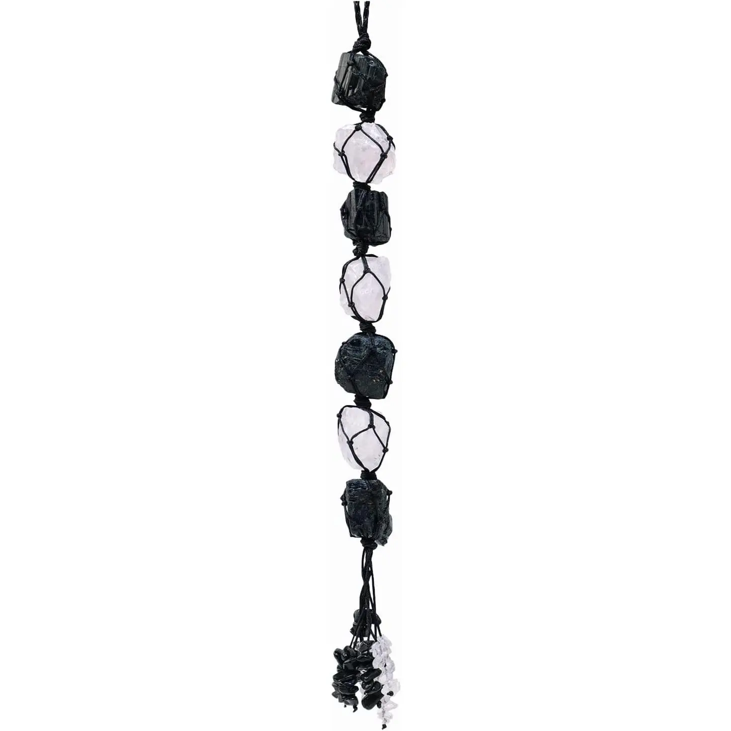 Black Tourmaline&Clear Quartz Rough Stone Hanging Ornament with Chip Stones Tassels Reiki  Meditation Energy Balance Yoga Home Decor