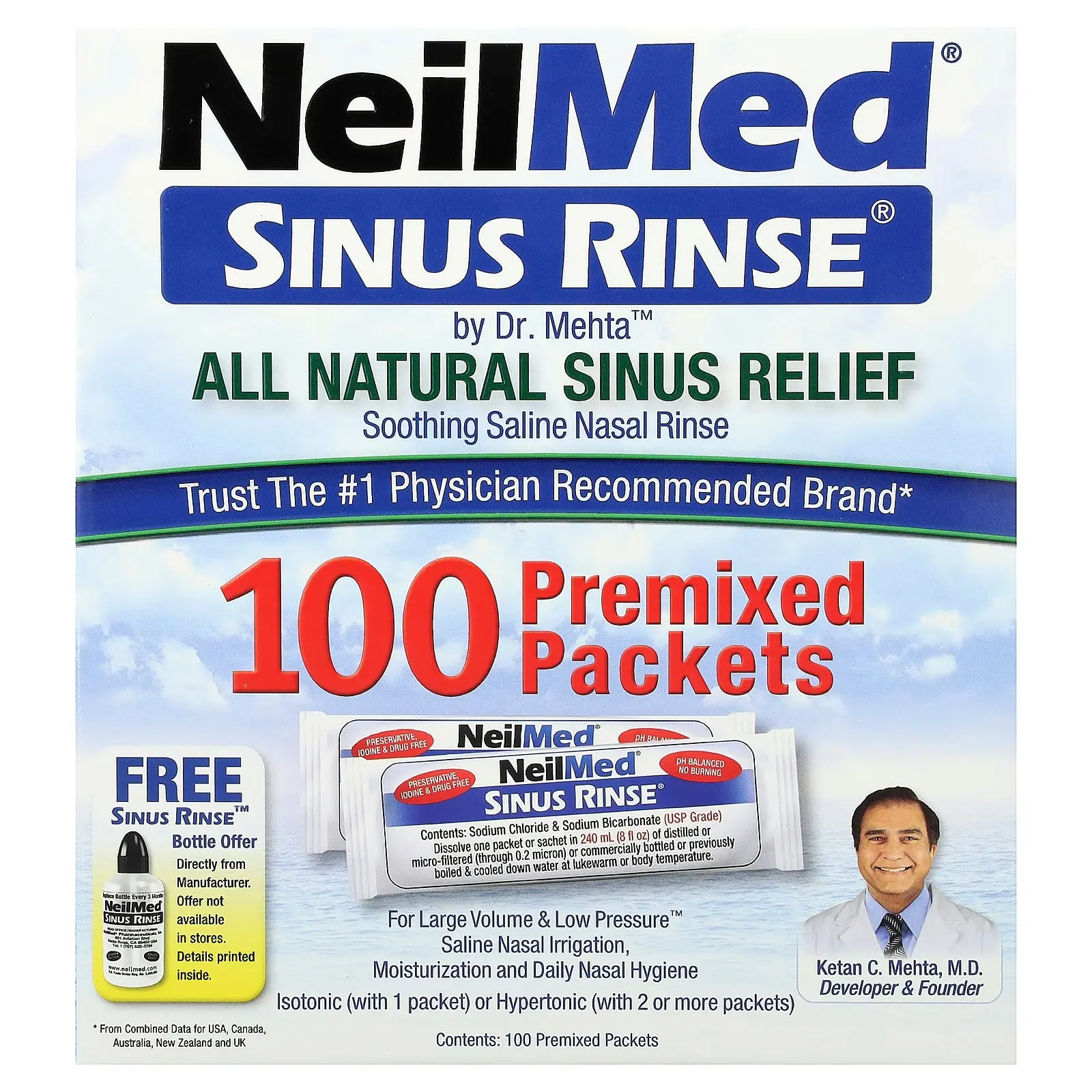 NeilMed Sinus Rinse®, All Natural Sinus Relief, 100 Premixed Packets | HSA/FSA Eligible