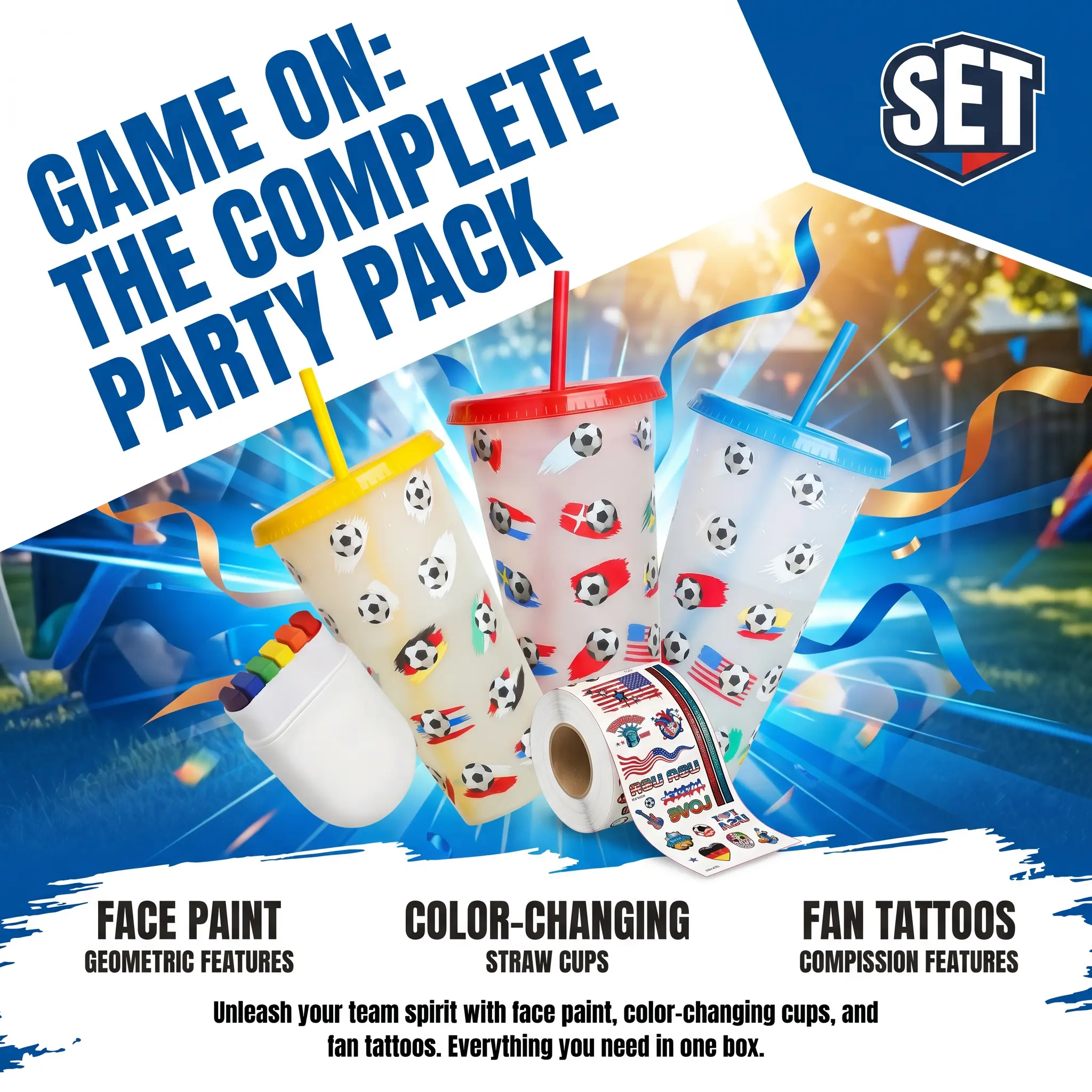 All-In-One Game Day & Celebration Party Kit | Color Changing Soccer Themed Cups + Rainbow 6-Color Face Paint Stick + National Flag Temporary Fan Tattoos, Party Supplies For Backyard BBQ, Birthday & Parade Gatherings