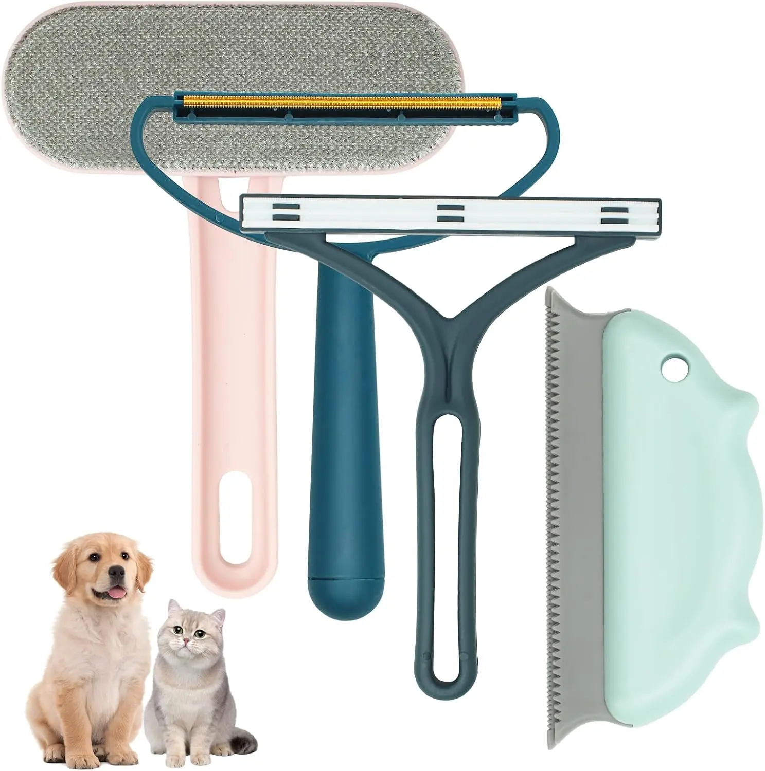 4 Pcs Pet Hair Remover Set – Copper Scraper + Silicone Y/T Brush + TPR Cloud Brush, Portable Couch Carpet Lint Tool for Dog/Cat Fur on Furniture, Bedding, Car Mat (No Battery, Green/Gray)
