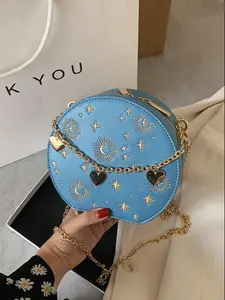 Women's Star & Moon Pattern Design Small Round Bag As Gift, New Trendy Heart-shaped Pendant Chain Decorated Circle Bag, Elegant Fashion Pu Leather Zipper Shoulder Bag for Parties, Shopping or Daily Use, Fashionable Crossbody Bag