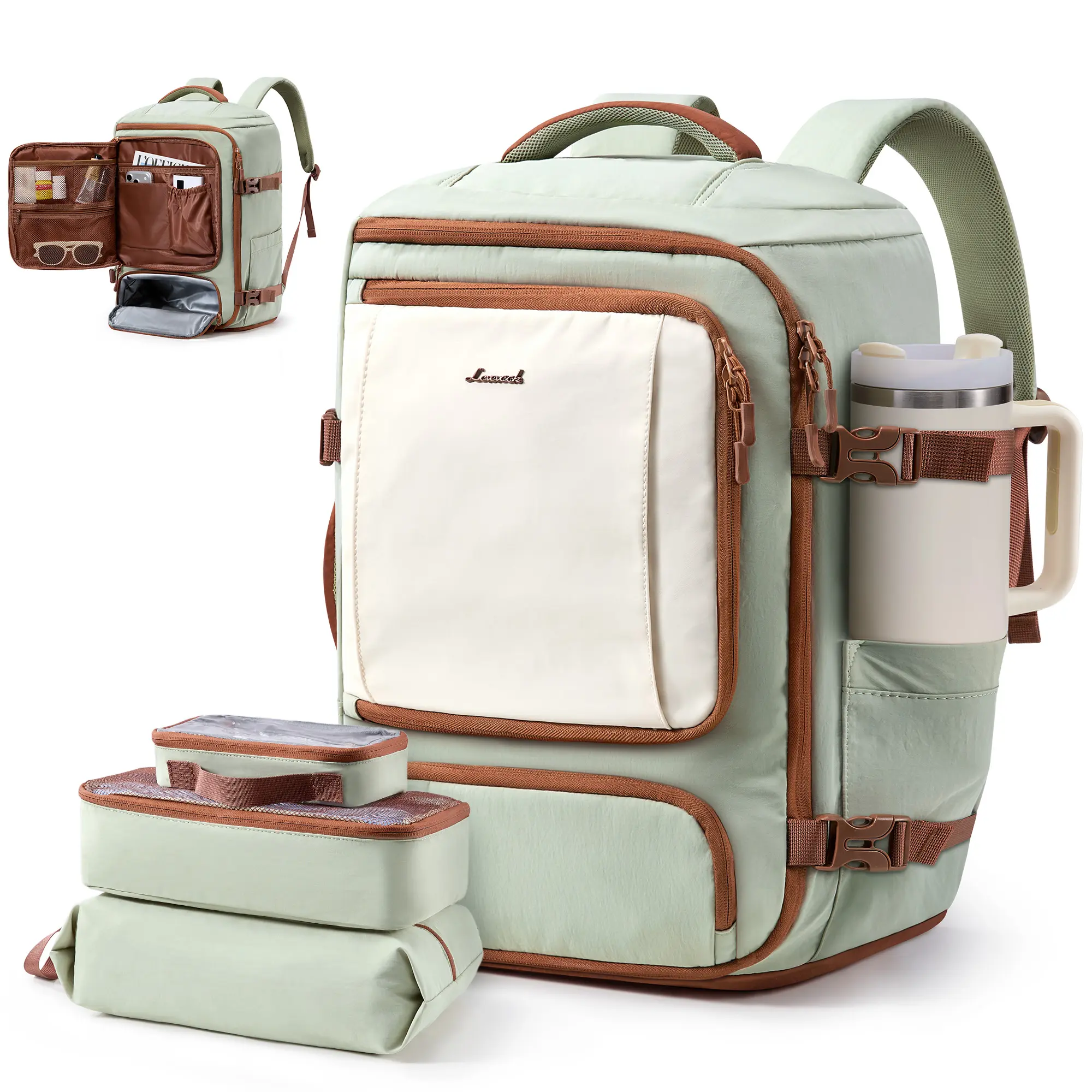 LOVEVOOK 40L Travel Backpack for Women, 17.3in Personal Item Carry On Bag | Underseat Personal Item Backpack with Shoe Compartment, 4-Piece Set, Quick-Access Pockets for Flights/Weekends/Business Trips