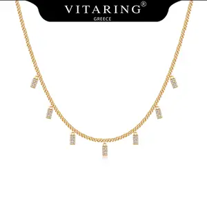 VITARING 14 Gold Plated Dangle Bar Pendant Choker - Micro-Pavé Cubic Zirconia Accents | Adjustable Delicate Layering Necklace