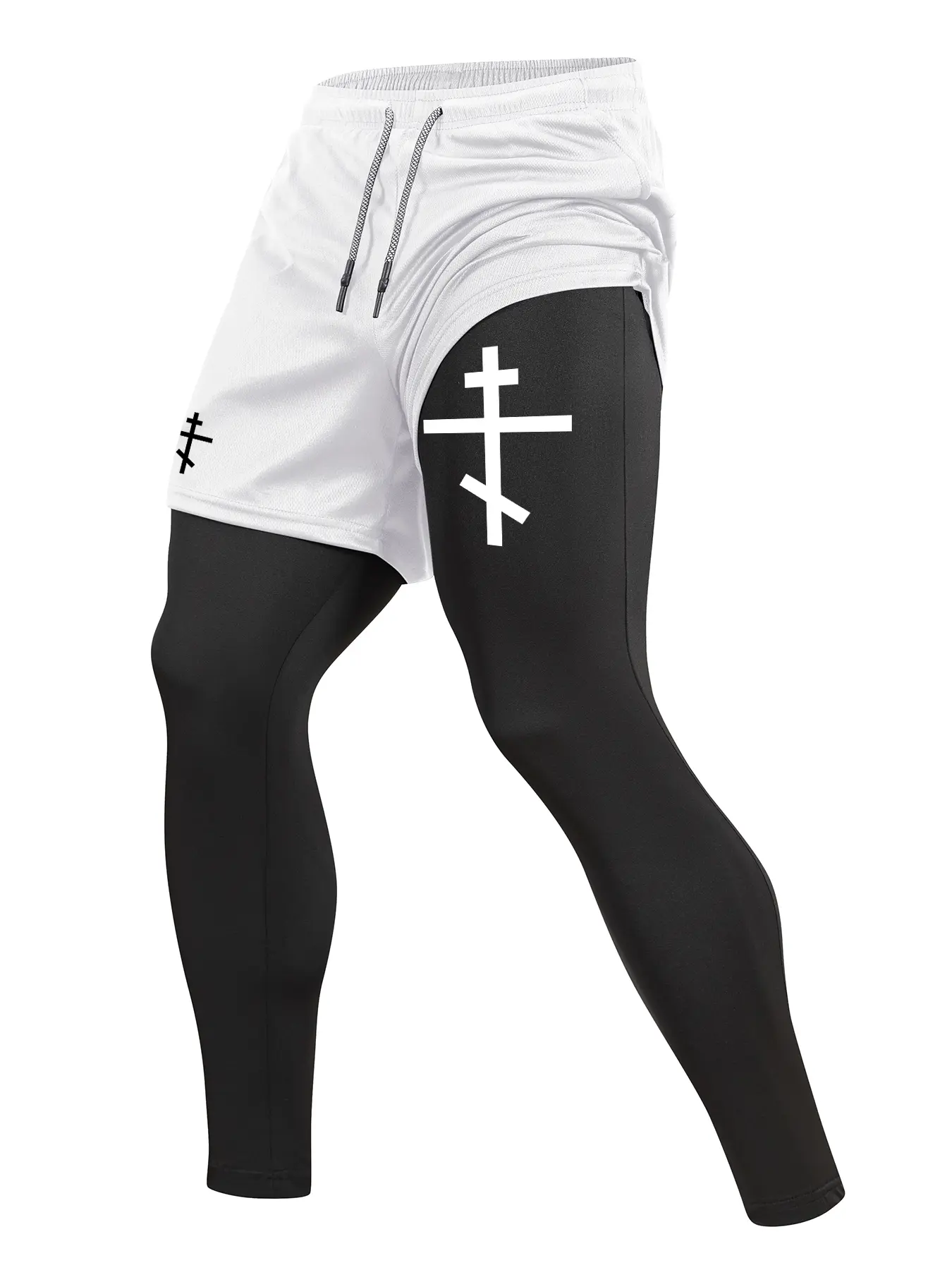 Men's Cross Print Sporty 2 in 1 Compression Pants, Spring & Fall Gym Workout Fitness Tights Leggings with Phone Pocket, Zipper Pocket, Towel Loop, Athletic Running Quick Dry Baselayer Activewear