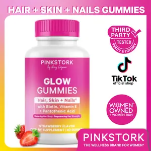 Pink Stork Glow Gummies | Hair, Skin, Nail, Beauty | Biotin, Vitamin E, Antioxidants, Pantothenic Acid | Supports Collagen Production | Zinc | Gluten-Free | Postpartum Support | Women-Owned