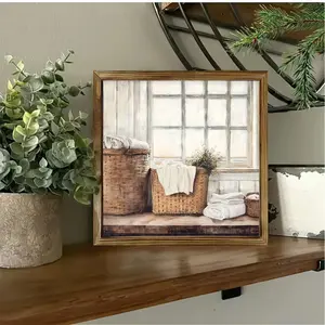 Rustic Farmhouse Wooden Laundry Basket Wall Art, 8x8 Inch Polished Vintage Decor with Rope Woven Baskets & Towels, No Power Needed, Perfect for Laundry Room or Gift Idea, Laundry Room Accessories