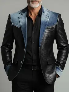YINK Men's Stylish Hybrid Faux Leather and Denim Blazer, Unique Two-Tone Design, Perfect for Casual and Semi-Formal Occasions