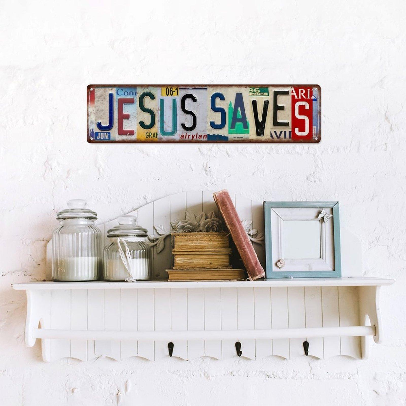 16×4 Inch Jesus Saves Vintage Metal Sign, Retro License Plate Style Christian Aluminum Wall Decor, Pre-drilled Religious Wall Art for Home Garage