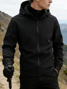 Men's Hooded Casual Jacket, 100% Polyester Fiber, Zipper Closure, Windproof, Suitable for Daily Wear, Sports, Outdoor, Formal Occasions