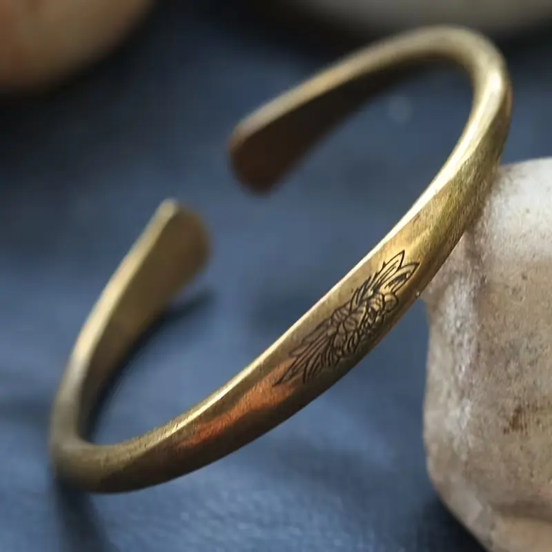 Pure Copper Adjustable Vintage Carved for Lotus Bracelet & Ring Suitable for Lotus Charm Bracelet/Ring, Unisex Retro Minimalist Jewelry for Men & Women, Carved for Lotus Design Cuff for Daily Wear, Parties, Gifts - Year-Round Wearable Gift Accessory