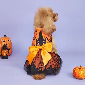 Halloween Themed Pet Dress, Cute Castle Print Dog & Cat Dresses with Bowknot, Pet Clothes for Small Dogs & Cats, Halloween Party Costume