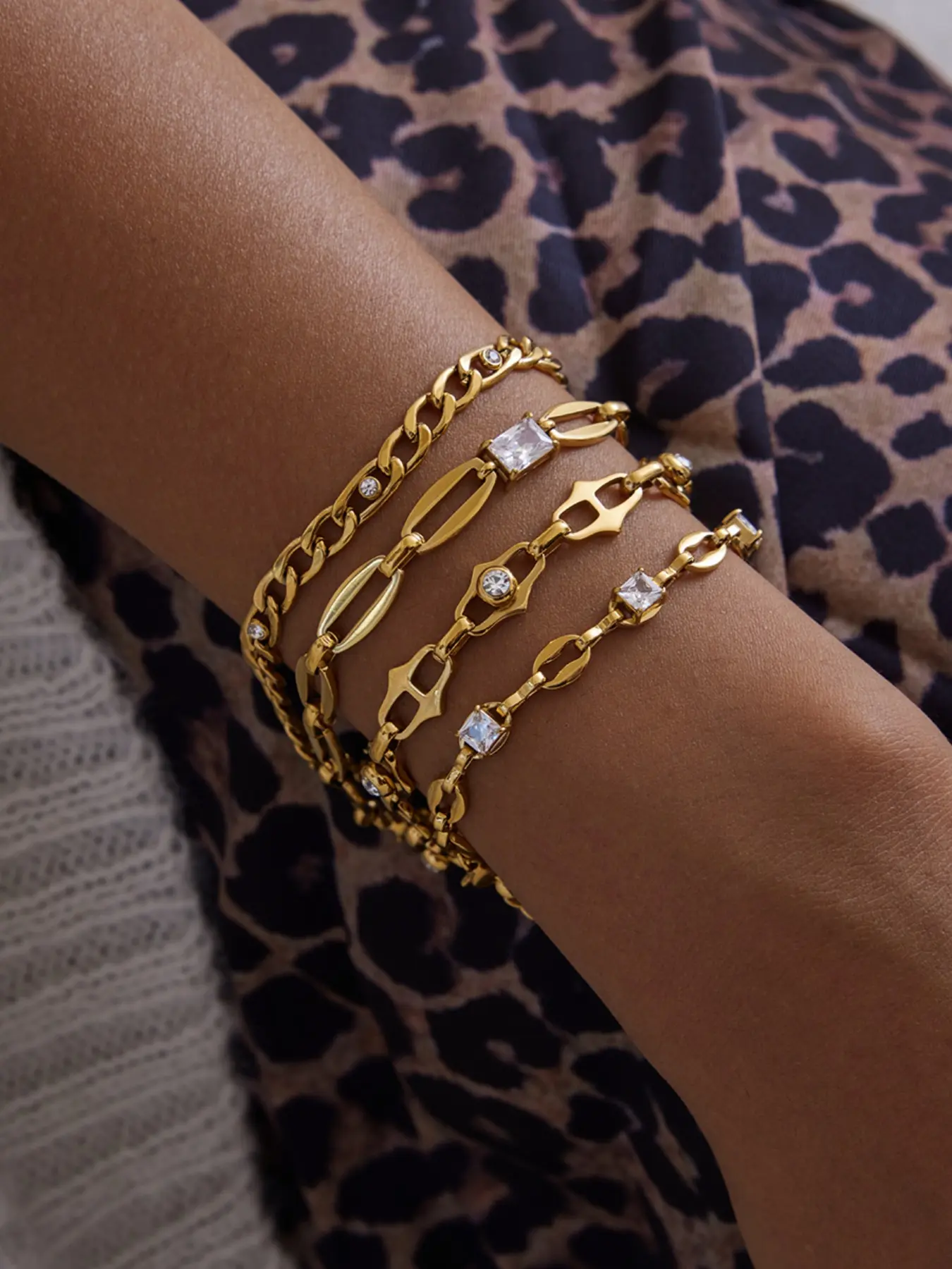 This Ladies Bracelet Set Can Be Stacked It Features A Geometric Circular Zircon Irregular Chain Made Of Stainless Steel 18k Gold Plated Waterproof And Anti Allergy It Is A Classic Quality Jewelry That Is Versatile For Various Occasions Stackable Bracelets