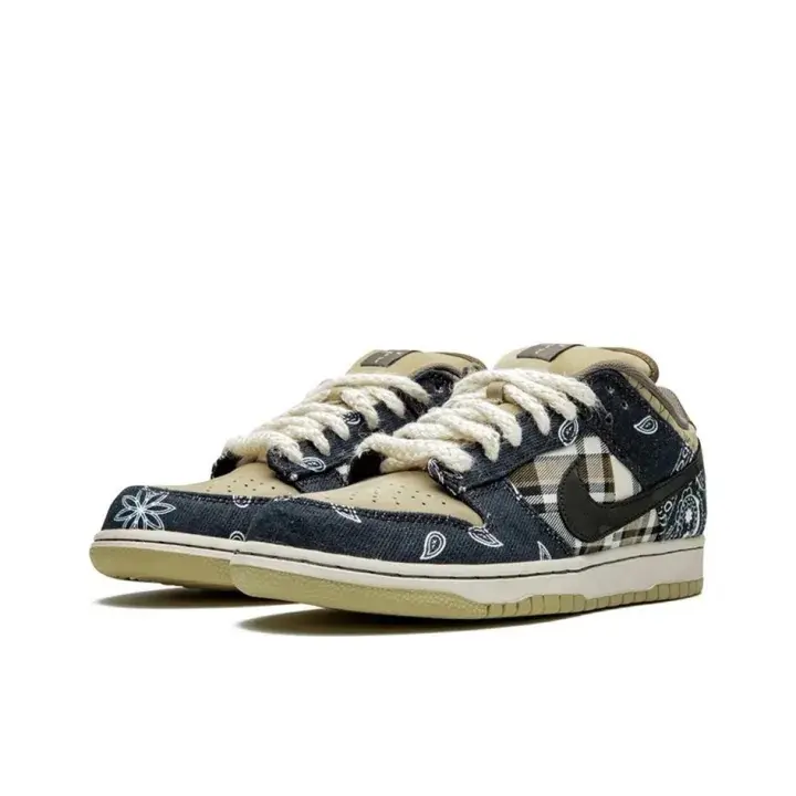 Deep Blue Denim Plaid Paisley Pattern White Laces Beige Sole Low-Top Canvas Sneakers Summer Street Casual Wear Must-Have Essential Unisex Fashion Footwear for Men Women Streetwear Aesthetic Daily Outfit Youth Culture Icon Reflective Metallic Detail