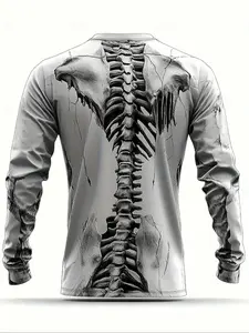 Men's 3D Skull Graphic Print Long Sleeve T-Shirt, Casual Streetwear Breathable Polyester Round Neck, Fall & Winter Fitted Style, Perfect Layering Piece Top