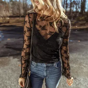 Womens Black/Apricot Lace Mesh Crochet Splicing Slim Fit Long Sleeve Blouse