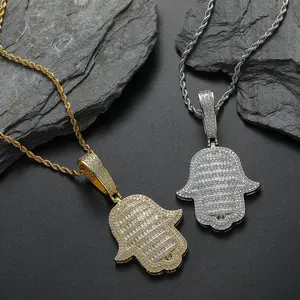 2025 New Full Zircon Inlaid Large Size Fatima Hand Necklace Lucky Palm Trendy Style Male Female Souvenir Jewelry