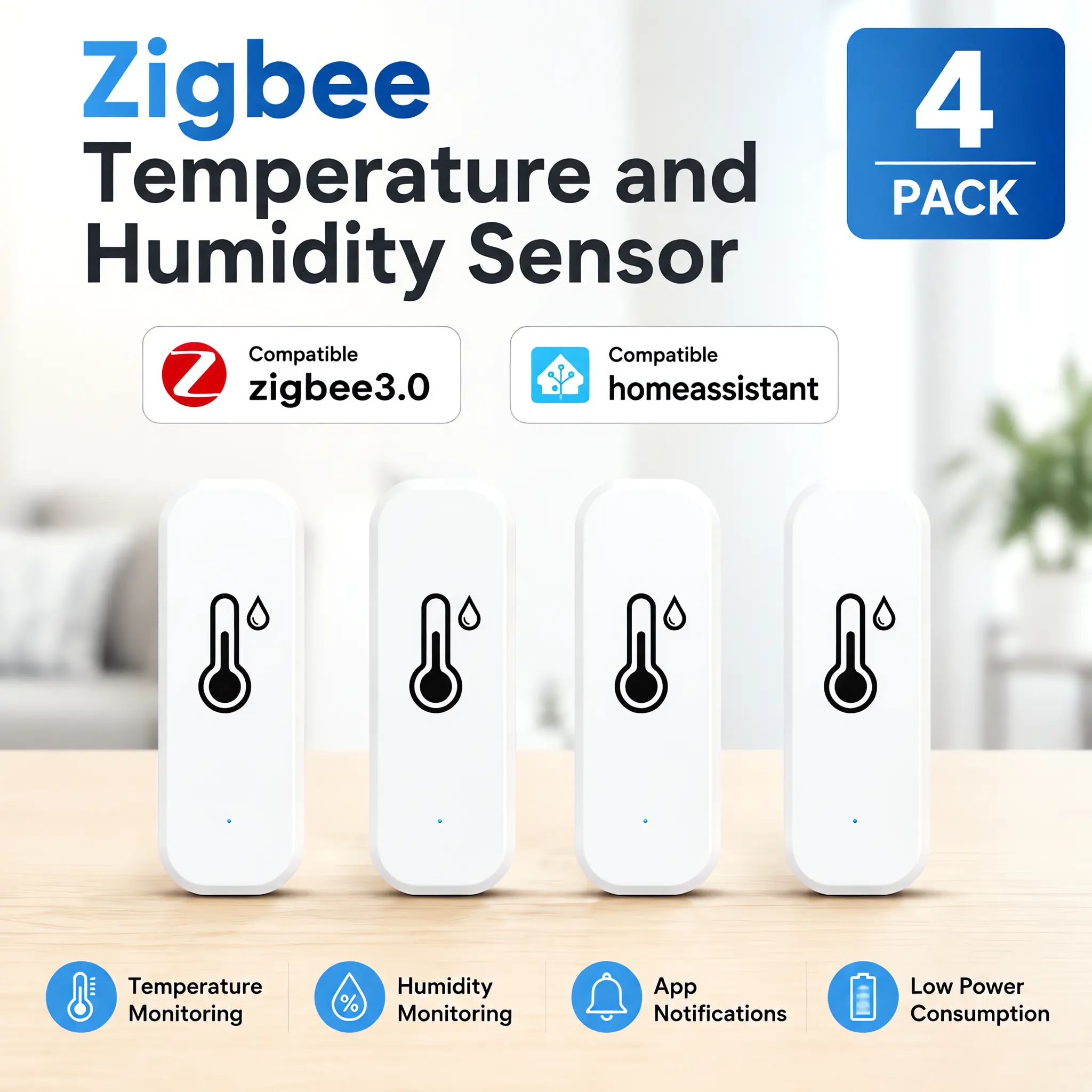 Zigbee HA Temperature and Humidity Sensor, 4 Pack, Support Home Assistant, zigbee2mqtt, Multi-Room Group Control
