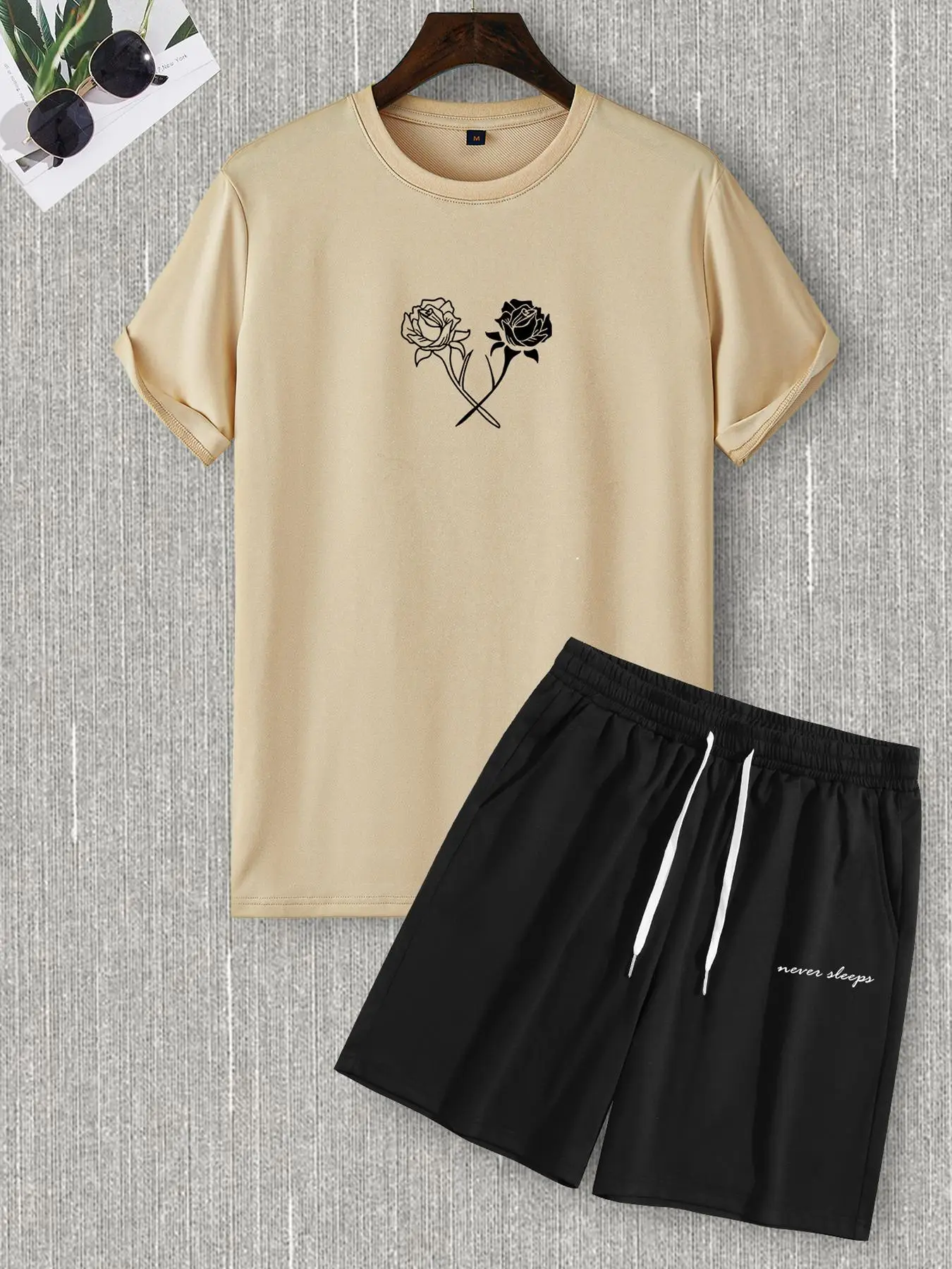 Men's Regular Fit Floral Letter Two Piece Set, Casual Streetwear T-shirt & Drawstring Pocket Shorts for Men, Summer Clothing Set