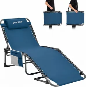 # WEJOY Folding Lounge Chair Outdoor, 5-Position Adjustable Sunbathing Tanning Chair with Shoulder Strap & Side Pocket, Heavy Duty Reclining Chair for Patio Pool Camping, Portable Folding Bed Cot,Blue