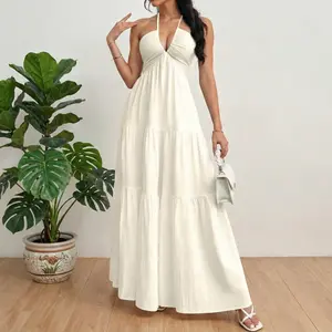 Women's Plain Dress, Summer Clothes Women, Boho Summer Beach Sundress, Tiered A-Line Ruffle Long Gown for Vacation & Party Halter Neck Crinkle