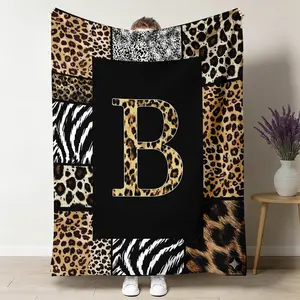 Initial Animal Print Throw Blanket, Leopard Zebra Snake Flannel Blanket, Soft Cozy Warm Throw, Letter A-Z Design, Gift for Her Girlfriend Sister, Trendy Boho Bedroom Living Room Couch Decor