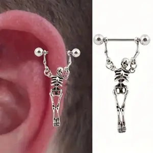 Gothic Halloween Street Barbell Skeleton Human Shaped Bone Earrings for Women Funny Bone Teeth Skeleton Cosplay Party Jewelry