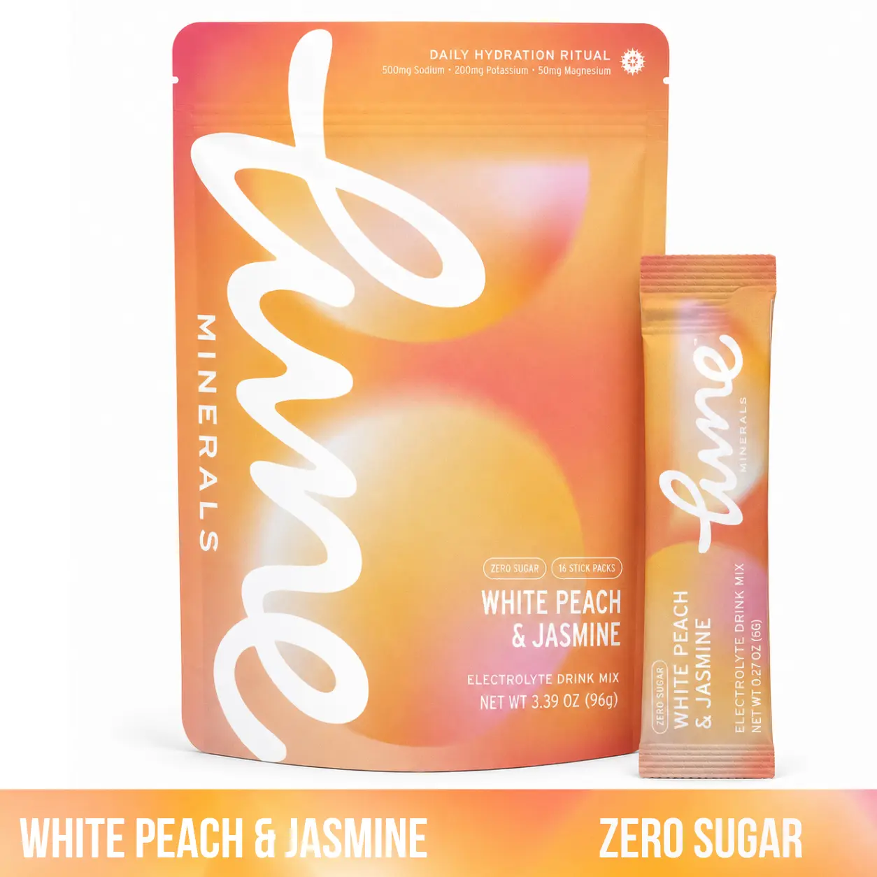Lune Minerals White Peach Jasmine Electrolyte Drink Mix – Zero Sugar, No Stevia, 16 Single-Serve Sticks