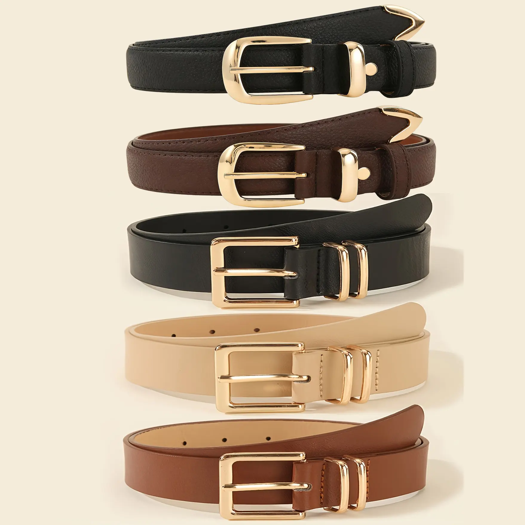 Women's 5-Pack Heavy Duty Adjust-Fit Belts, Lychee-Grain Texture, Fashionable Buckle Decorated Stylish Waistband, Solid Color, Versatile Everyday Wear Accessory, Suitable for Dresses & Long Pants, Ideal Gift, Adjust-Fit Women's Belts