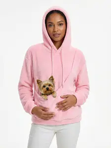 Women's Solid Color Hooded Sweatshirt - Loose Pullover with Plush Pet Pouch, Cute Furry Pet Carrier Pocket Oversized Casual Hoodie